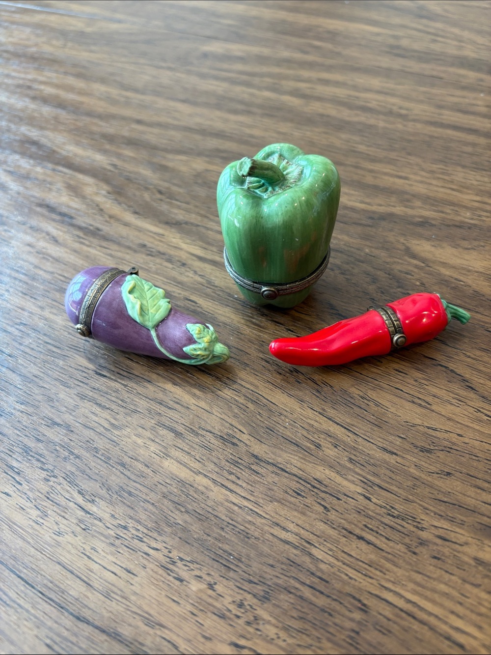 Set of 3 Decorative Hinged Boxes: Green Pepper, Purple Eggplant & Red Pepper